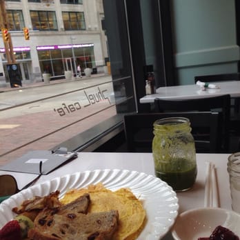 Pecan pancakes served at a window table at pHuel Cafe